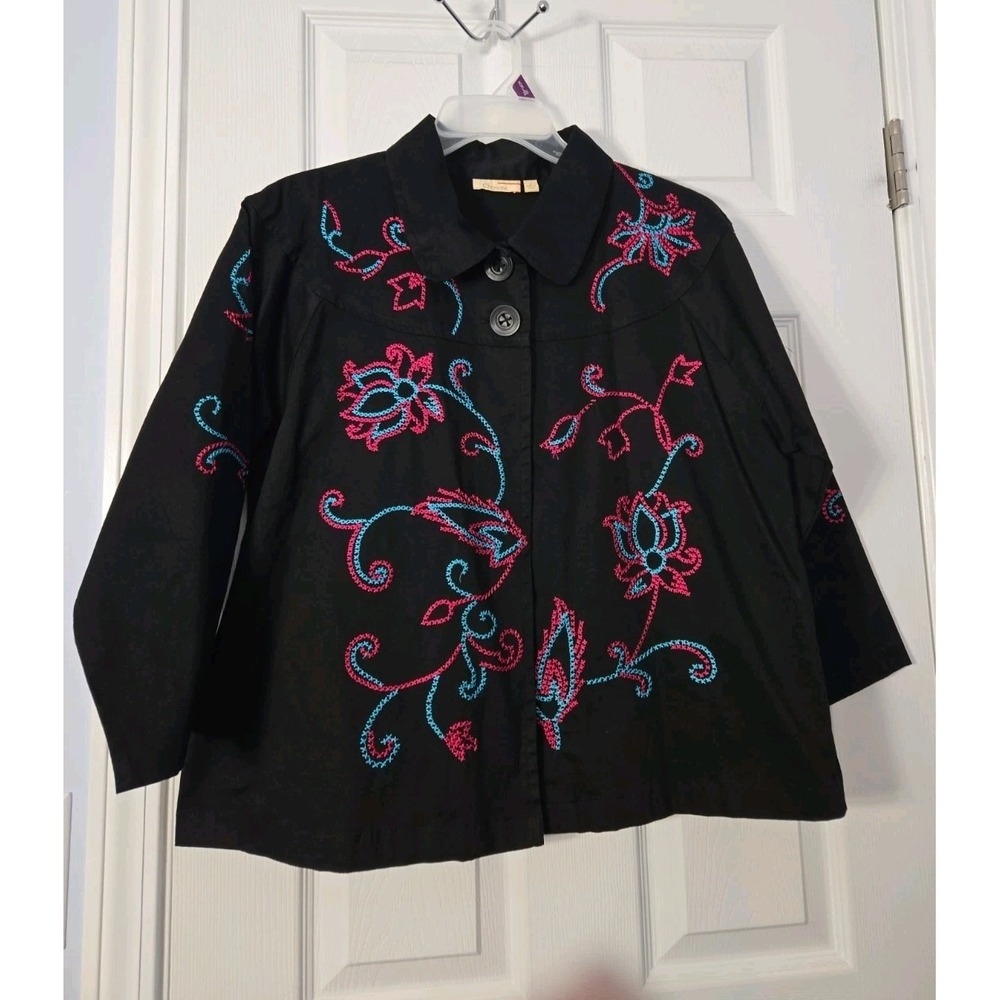 CHOICES Women's Embroidered Floral Black White Jacket Stretch Size Large - Picture 2 of 6